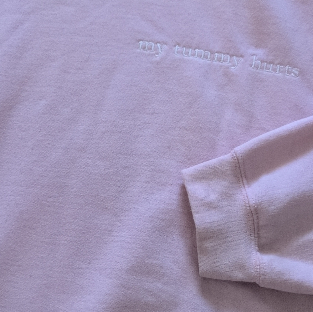 Gildan Women's "My Tummy Hurts" Graphic Light Pink Custom Crewneck Sweatshirt - Picture 6 of 11